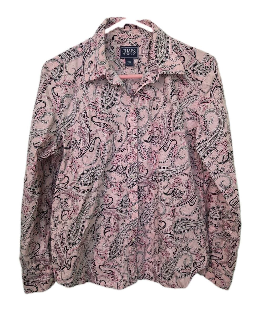Chaps Classics Womens Large Pink Black Paisley Cotton Button Down Shirt LS